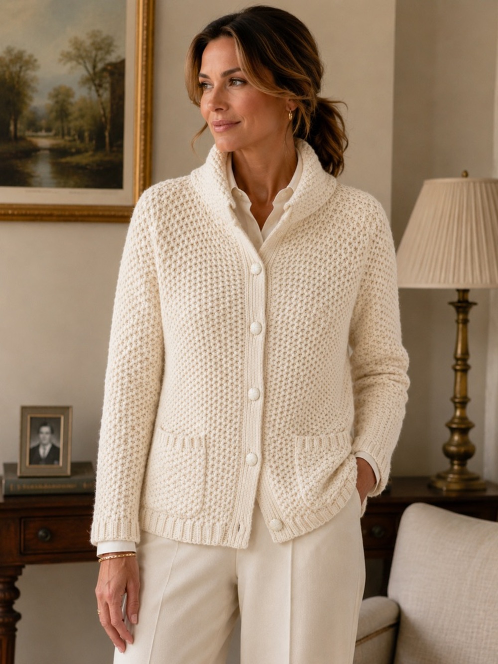 Talbots Petite Cotton Wool Chunky Knit Cardigan Sweater Cream Shawl Collar P